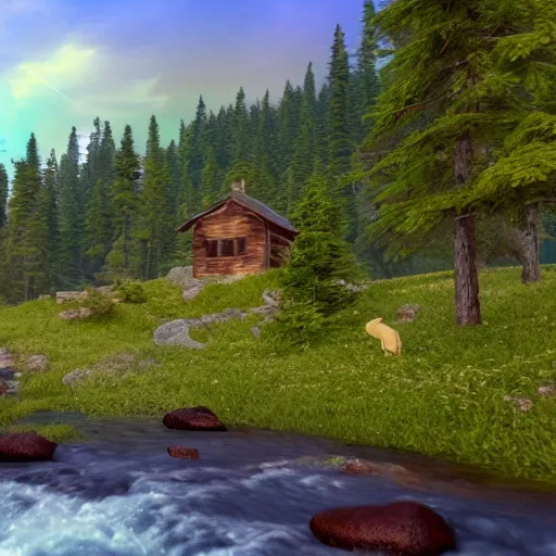 Image similar to « mountain in the background, a river in the middle ground, trees, a bear near a tree, glowing light, photorealistic, unreal engine 5, sharp focus, some rocks in the river, some birds in the sky, and a small woody house on the right far »