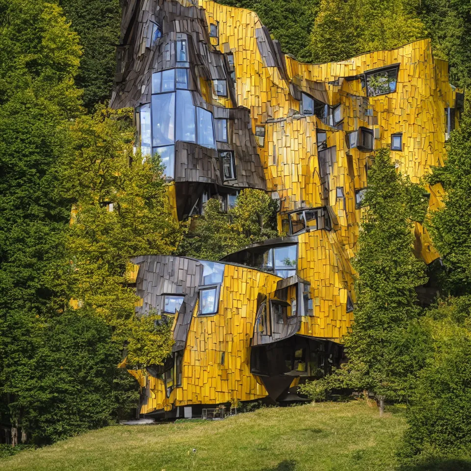 Image similar to a tiny flat horizontal house in the black forest, designed by Frank Gehry. Big tiles. Small wooden pathway . Film grain, cinematic, yellow hue