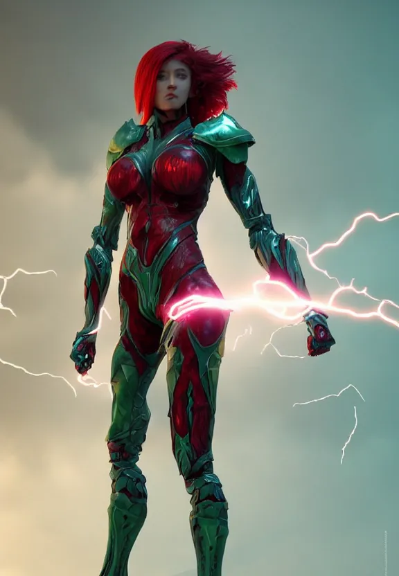 Prompt: vfx, octane render, zbrush, one beautiful anatomically correct woman, wearing spandex armour with flowing red hair and green eyes, super hero full body, walking towards the camera, volumetric lightning, highly detailed, concept art, art station, center of picture.