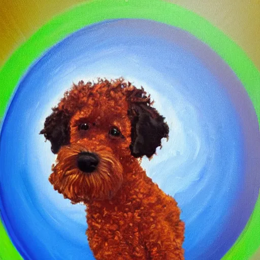 Prompt: a small black labradoodle in space chasing the planet earth. award - winning. oil painting. expressive.