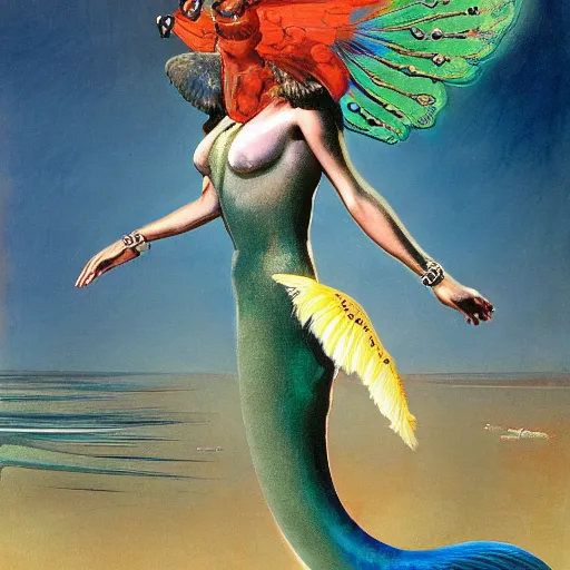 Prompt: creature with butterfly wings, peacock head, and mermaid tail, syd mead, john harris