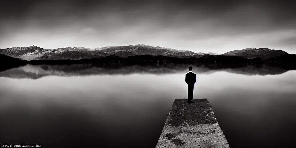 Image similar to amazing landscape photo of lake at night by Charlie Waite, film still of a man wearing tuxedo standing on the lake, beautiful dramatic lighting, surrealism, sharp, smooth, detailed