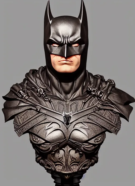 Image similar to high intricate bust of an batman carved from wood in baroque style, studio light, maria panfilova, andrea savchenko, mike kime, ludovic plouffe, qi sheng luo, oliver cook, trending on artstation