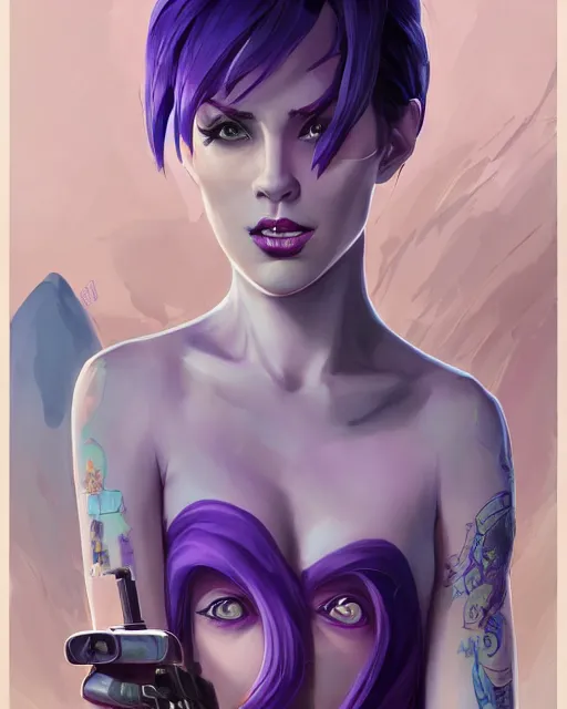 Image similar to beautiful female purple hair tattoo symmetrical face eyes full length fantasy art Video game icon, 2d game art gta5 cover , official fanart behance hd artstation by Jesper Ejsing, by RHADS, Makoto Shinkai and Lois van baarle, ilya kuvshinov, rossdraws