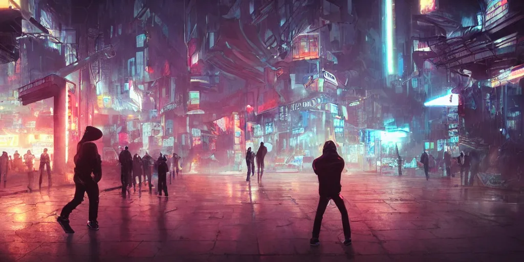 Image similar to cinematic shots of teenagers with tech clothing and hoods and futuristic gas masks making parkour on a dystopian city, neon lights, sci - fi, night lights, rain and haze, concept art, intricate, in the style of katsuhiro otomo, akira, unreal engine