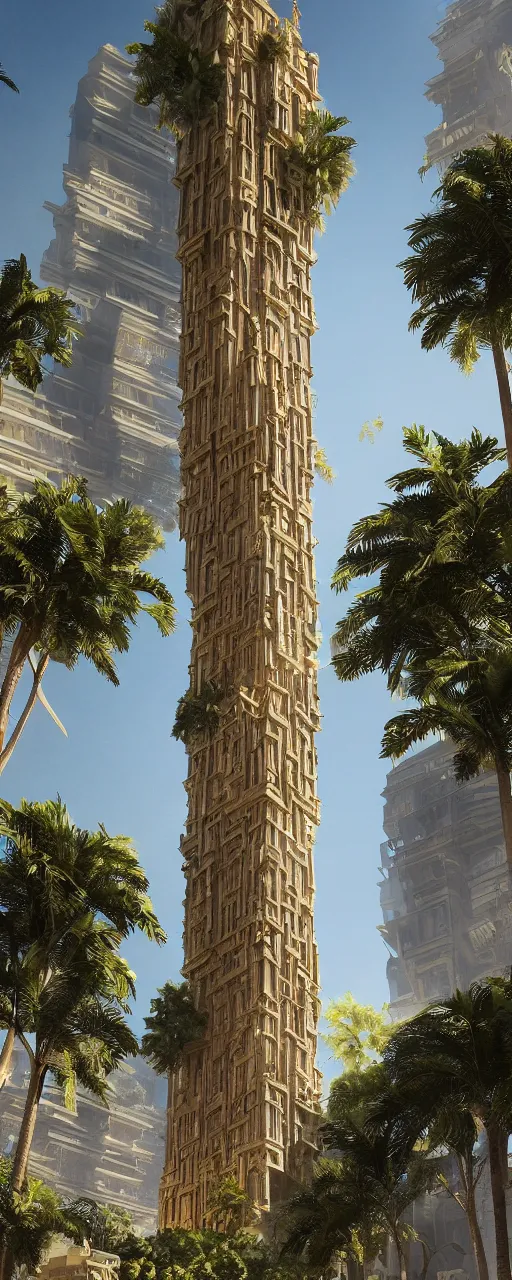 Image similar to epic eye level view of a contemporary tower, golden intricate details, stone facade, sacred architecture, hanging gardens, cascading highrise, arid mountains with lush palm forest, photorealistic, sunlight, 8 k, post - production, octane, cgi, sfx