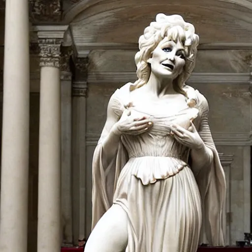 Prompt: a marble statue of Dolly Parton in the Uffizi, soft sunlight dappling, classical architecture, award-winning photo