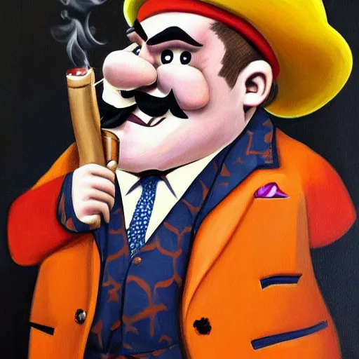 Prompt: wario from the mario series wearing a 3 piece suit and smoking a cigar ( oil painted, greatly illustrated, a portrait, high detailed, great quality painting )