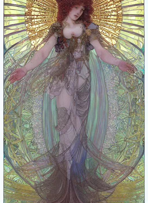 Prompt: goddess angel of tranquility::1 hyper detailed, character concept, full body, dynamic pose::2 intricate, lineart, cerpuscular rays, by yoshitaka amano, alfons mucha, 4k