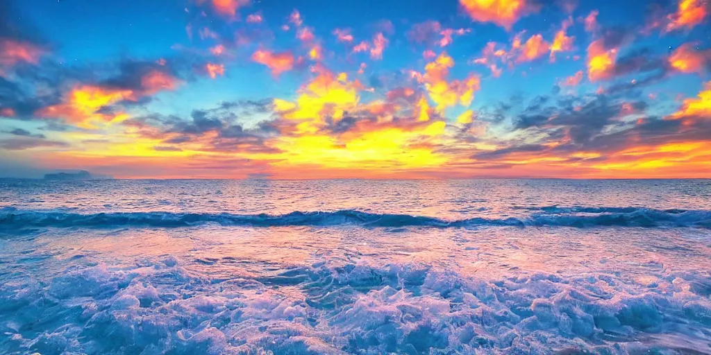 Prompt: a beautiful picture of the ocean, the sunset of the sea, the sparkling light blue sea water, the stars shining, the beach, many golden twinkling crystal covering the beach, the sunset, the beautiful colorful clouds hd