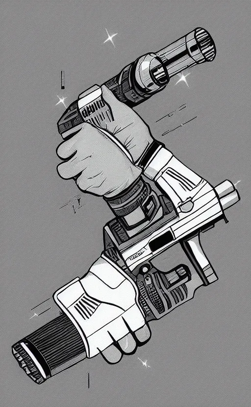 Image similar to “ hand in glove holding laser gun from the side, geometric, retro, digital art, award winning ”