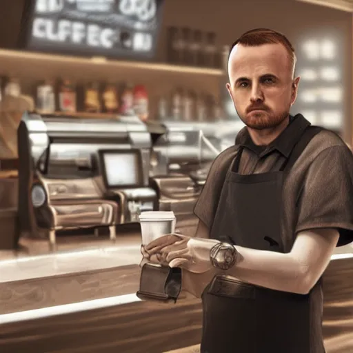 Prompt: Hyperrealistic ultradetailed digital art of Jesse Pinkman working at a coffee shop, realistic, detailed lighting, cinematic, trending on artstation and 500px and behance