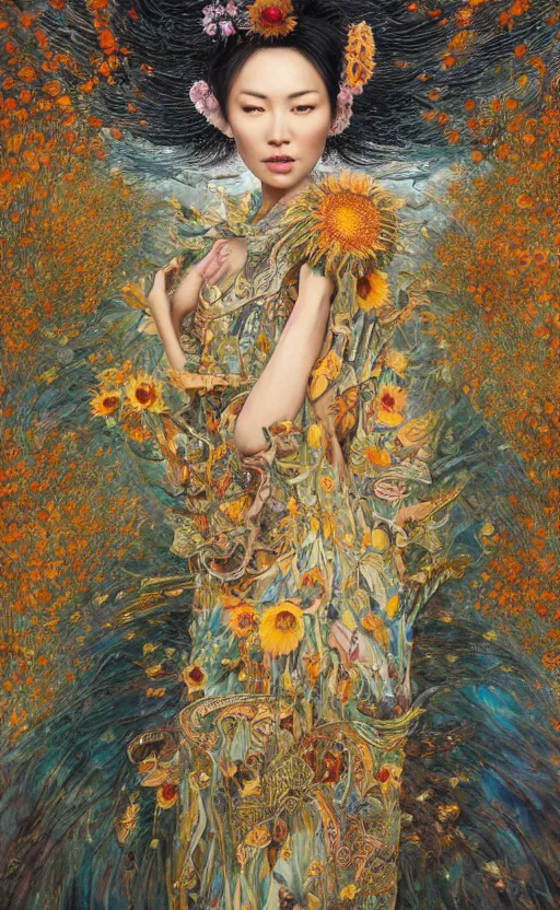 Image similar to a china cat sunflower walking proudly jingling in the midnight sun with a bodhi that drips a silver kimono Like a crazy quilt star gown through a dream night wind, intricate and complexly detailed oil painting, by Karol Bak and Tony Diterlizzi, influenced by Artgerm, golden hour scene, multi-dimensional, 8k, octane rendering,