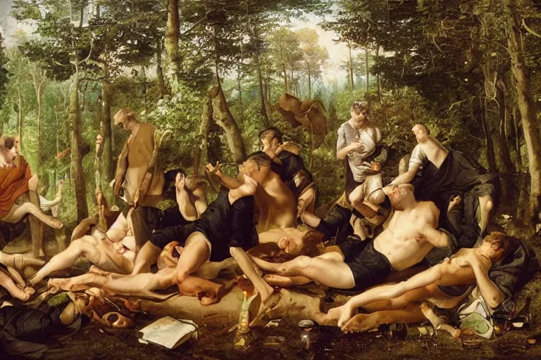 Image similar to mid - thirties guys binge drinking in a forest, in the style of skovgaard