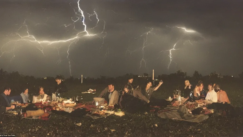 Image similar to a vision of climate change catastrophe, lightning, tornado, hurricane, hailstorm, gale-force winds, floods, as seen by a couple having picnic in a park, moody and dark large-format photography