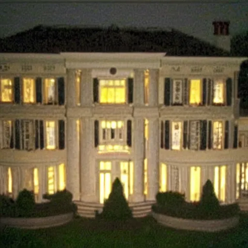 Prompt: A very low quality nokia picture with flash on of a mansion at night, 2007 blog, low quality