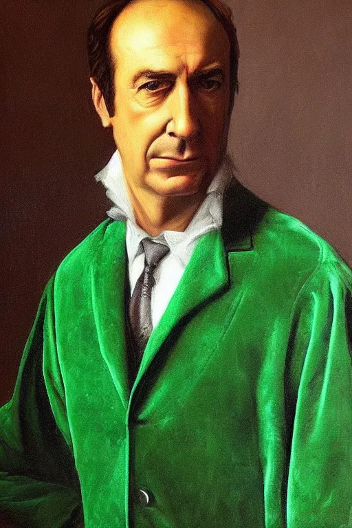 Image similar to “ saul goodman wearing a green velvet prada suit, caravaggio oil painting, high detail, shallow depth of field ”