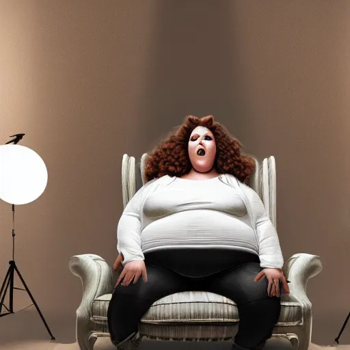Image similar to the huge fat woman's head made of flour is on the fancy chair. medium shot. beautiful colors, great lighting. fantastic movie scene. subsurface scattering shiny skin. beautiful lighting, 4 k post - processing, trending in art station, cg society, highly detailed, 5 k extremely detailed, 3 d. cinematic scene. sharp image.