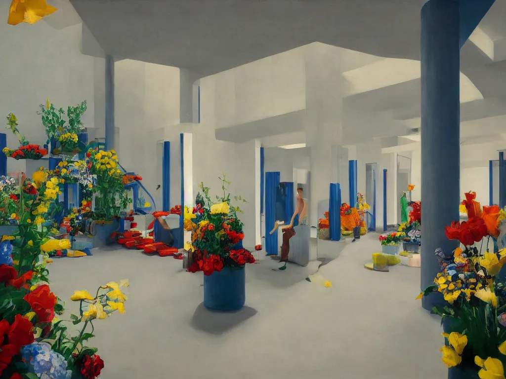 Prompt: colorful minimalist industrial interior hallway with monolithic pillars in the style of ridley scott and stanley kubrick, impossible architecture, pool ceiling, bed of flowers on floor, ultra view angle view, lone person in the distance, realistic detailed painting by edward hopper