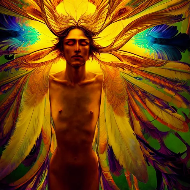 Prompt: psychedelic transcendent cyborg mind bending psychedelic wings of glossy liquid honey flowing like kaleidoscopic translucent holograph, lsd feathers, honey wind, enlightenment, high contrast dappled lighting, refracted sunset, highly detailed, concept art, art by collier, albert aublet, krenz cushart, artem demura, alphonse mucha