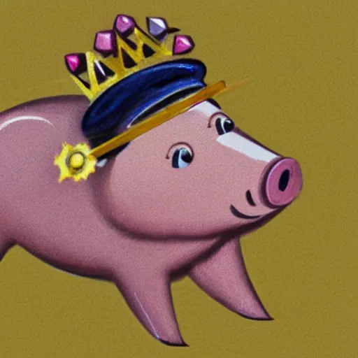 Prompt: a pig wearing a gold crown in the style of Rube Goldberg