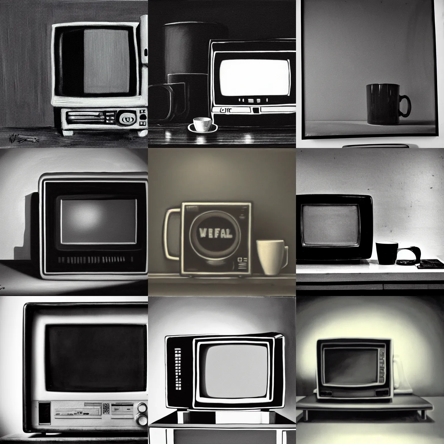 Prompt: a monochrome oil painting of a crt television next to a coffee mug, dark lighting, wikiart, black and white