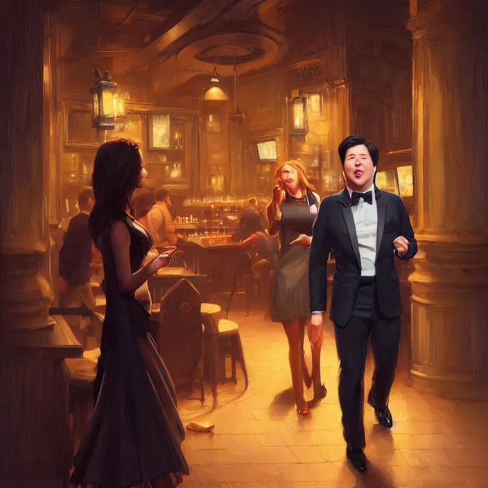 Image similar to michael mcintyre leaving a bar with with a singing waitress, elegant, real life skin, intricate artwork, high detailed, artstation, concept art, smooth, sharp focus, art by artgerm and greg rutkowski