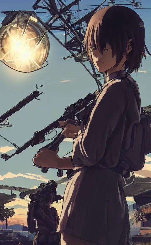 Image similar to anime style, gta 5, panoramic view of girl, searchlights in background, soldier clothing, short hair, hair down, symmetrical facial features, from arknights, hyper realistic, extreme detail, detailed drawing, trending artstation, hd, d & d, realistic lighting, by alphonse mucha, greg rutkowski, sharp focus, backlit, blue eyes