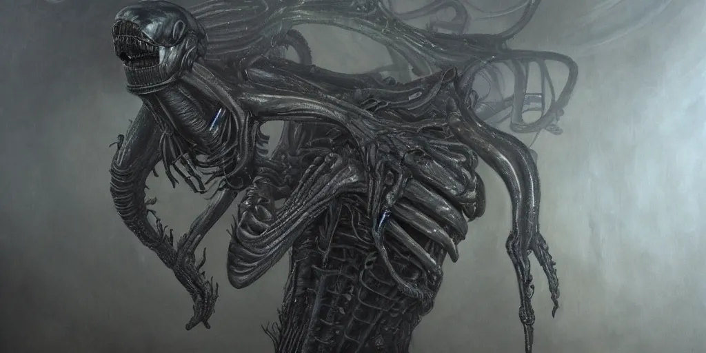 Image similar to painting of xenomorph in the style of HR Giger, movie scene, volumetric fog, slimy skin