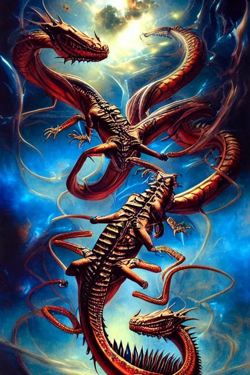 Prompt: two muscular dragons entwined, floating in space, zero gravity, by ayami kojima, amano, karol bak, greg hildebrandt, and mark brooks, hauntingly surreal, gothic, rich deep colors