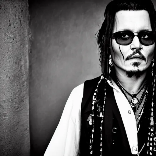 Image similar to portrait of johnny depp as a goth metal band member, symmetrical, nikon 3 5 mm photography, ultrarealistic