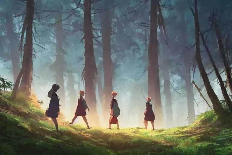 Image similar to cell shaded key visual of a group nomads hunting in a misty forest at dawn in the style of studio ghibli, moebius, makoto shinkai,