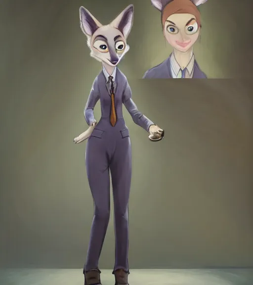 Image similar to oil painting of full body of anthromorphic female wolf, in style of zootopia, zootopia, zootopia, fursona, furry, furaffinity, 4 k, deviantart, furry art, fursona art, wearing black business suit, business suit, in style of zootopia, wolf fursona, cyberpunk, female, expressive detailed feminine face,