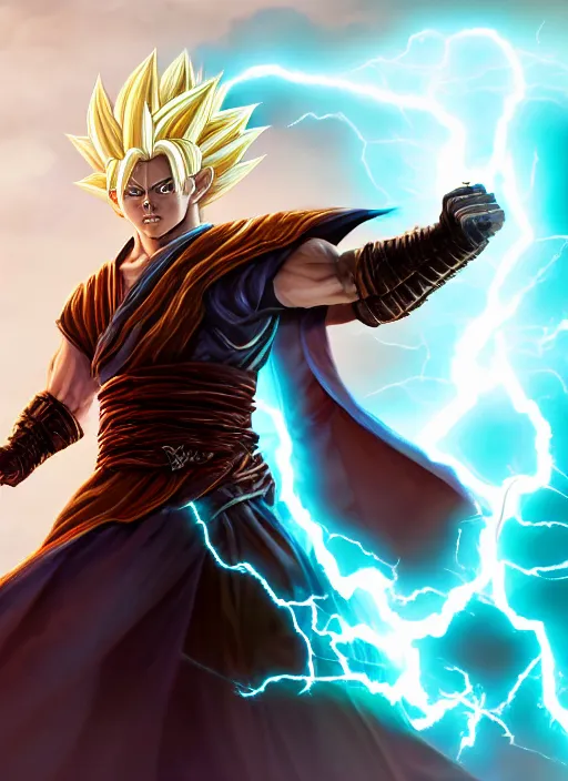 Prompt: portrait of an athletic male sorcerer casting a lightning spell and going super saiyan as a diablo 3 character, looking at camera, his robe is infused with lightning bolts, D&D, lightning master, short hair, intricate, elegant, stylish, cute smile, fantasy, extremely detailed, digital painting, artstation, concept art, smooth, sharp focus, illustration, ambient lighting, art by artgerm and greg rutkowski and alphonse mucha and simon stalenhag