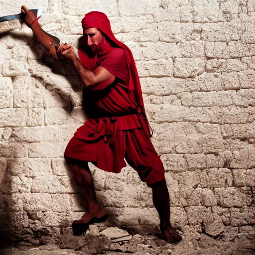 Image similar to award winning cinematic still of nighttime with 40 year old Mediterranean skinned man in Ancient Canaanite clothing fixing a ruined, crumbled wall in Jerusalem, holding a sword and a chisel, dramatic lighting, nighttime, strong shadows, bright red hues, directed by Michael Bay