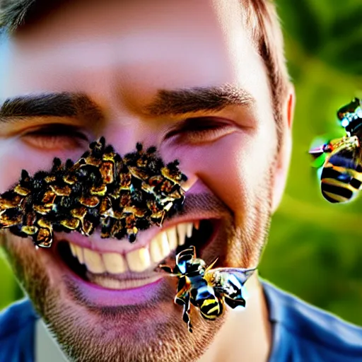 Prompt: photograph of smiling man with bees crawling out of his mouth, 8k resolution, high detail, ULTRA REALISTIC VFX, reflections