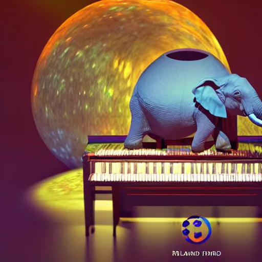 Image similar to a hyperrealistic 3D octane render of an elephant playing piano in a planetarium with planets and galaxies, trending on artstation, photorealism, 8k, 4K, dramatic lighting, glowing, volumetric lighting, ray tracing, unreal engine