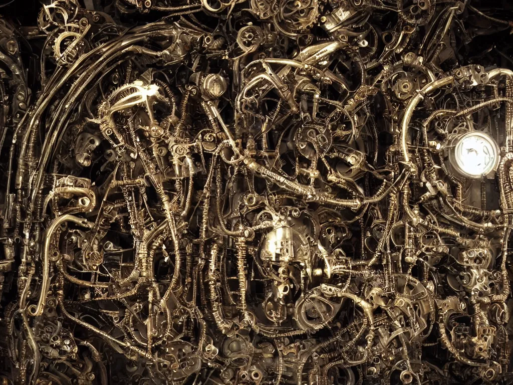 Image similar to < highly detailed machinery, gold silver copper bronze metal, hundreds of gears, a thousand pipes, human skulls, ivory eyeballs, rust, rivets, dark gloomy with creepy lighting, style of H.R. Giger