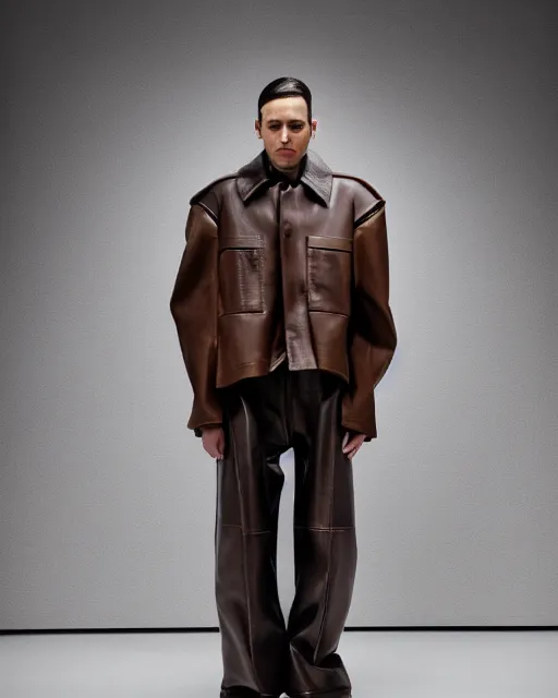 Prompt: an award - winning photo of a brown cropped extremely baggy medieval designer menswear leather jacket with an oversized collar and baggy bootcut trousers designed by alexander mcqueen, 4 k, studio lighting, wide angle lens