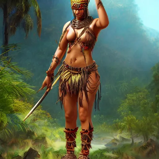 Image similar to hyperrealistic tribal warrior in front of a jungle landscape, happy appearance, cheerful vibe and lighting, cgsociety, artstation, in the style of artgerm