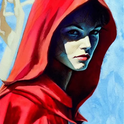 Image similar to photorealistic picture, by bob peak and alex ross and john romita jr, red riding hood lost in miami, gouache and wash paints, fine details, fine intricate, fine facial proportionate, fine body proportionate, smooth focus, sharp details, bokeh, 4 k, fine 5 k details