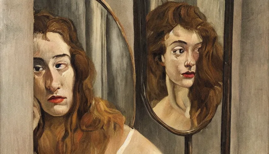 Image similar to painting by lucien freud, young woman in front of the mirror, detailed, stunning