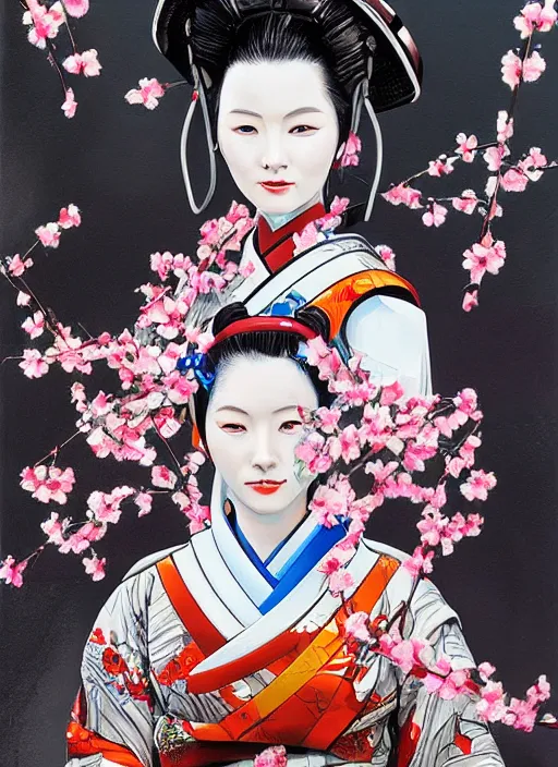 Image similar to an epic fantastic realism comic book style portrait painting of a japanese robotic geisha, cherry blossom rain everywhere, apex legends,