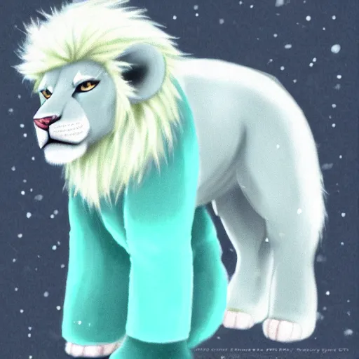 Image similar to aesthetic portrait commission of an albino male furry anthro lion wearing a cute mint colored, cozy, soft pastel winter outfit. winter atmosphere character design by dan volbert.