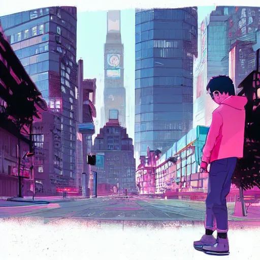 Prompt: damian wayne with pink haired teen boy, city landscape, Gotham, artstation, highly detailed, by makoto shinkai and thomas kindle and James gilleard