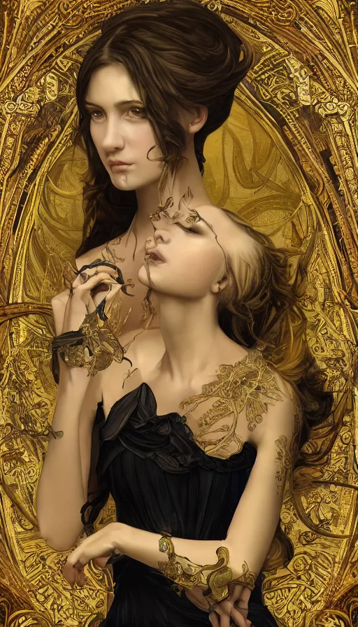 Image similar to An extremely beautiful Art Nouveau ornate portrait of a young attractive woman with a beautiful bone structure, professionally painted digital art illustration, smooth, sharp focus, atmospheric lighting, highly detailed illustration highlights, golden ratio, extremely detailed winning award masterpiece, 8K post-processing, trending on artstation flawless