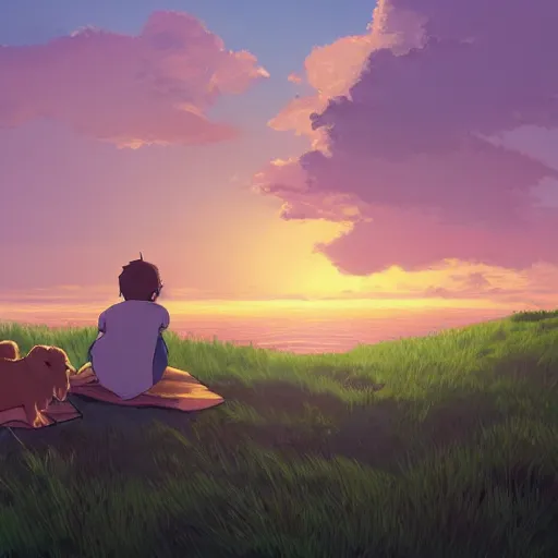 Prompt: a boy and his dog sitting together on a grassy dune in front of the ocean at sunset with large cloud by Makoto Shinkai, wide shot, ethereal, stunning