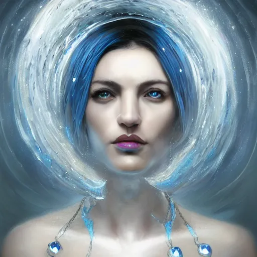 Image similar to masterpiece portrait of an aesthetic mage woman, ice spell, 3 0 years old woman, thin facial features, black dynamic hair, wearing silver diadem with blue gems inlays, silver necklace, painting by joachim bergauer and magali villeneuve, atmospheric effects, chaotic blue sparks dynamics in the background, intricate, artstation, fantasy