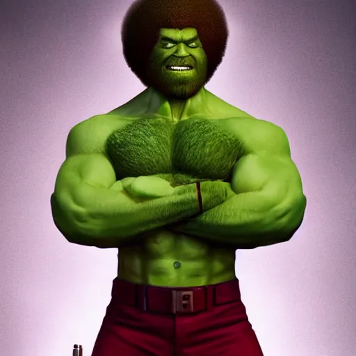 Image similar to full body portrait , photomanipulation of BOB ROSS as hulk with human flesh, marvel, fully detailed, volumetric lightening, octane render, 8k, masterpiece, epic composition