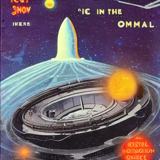 Image similar to vintage scifi novel cover. Ice. Snow. Black hole. In the style of Omni magazine.